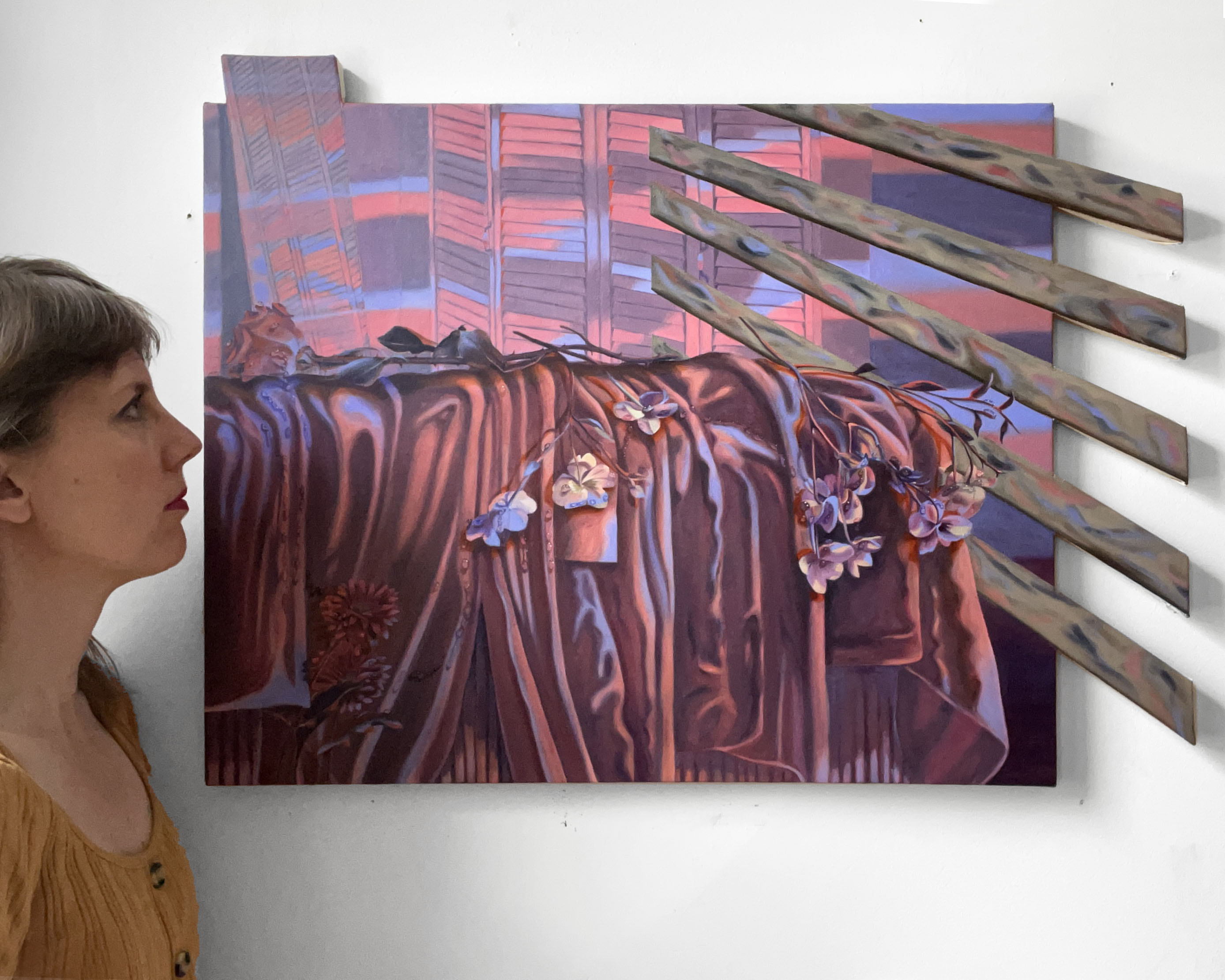 Stigma Spectrum, (figure for scale), 24x32x1 <br>oil on built canvas, 2024
<br>